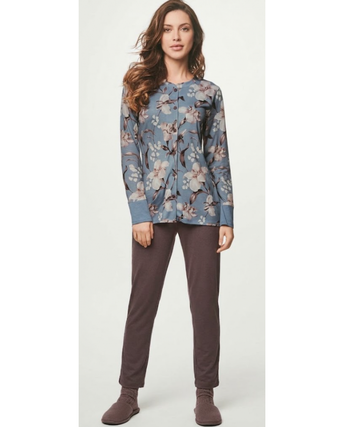 Lormar Pigiama Notte Donna Camicia Bottoni Pantalone Cotone Setificato Terra