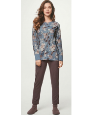 Lormar Pigiama Notte Donna Camicia Bottoni Pantalone Cotone Setificato Terra
