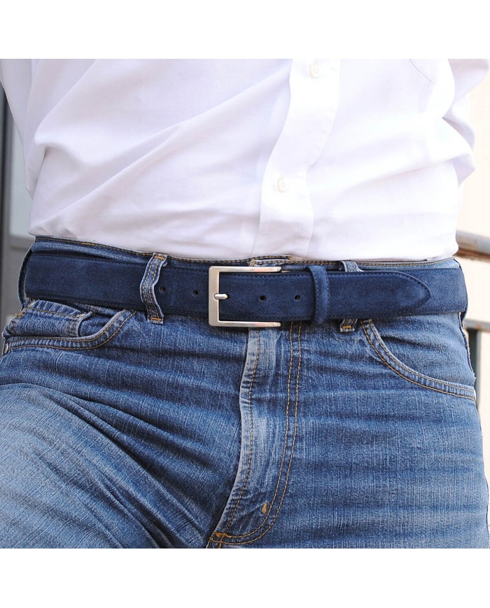 Cintura maschile scamosciata blu, "ACCIAIO" MADE IN ITALY 115 CM