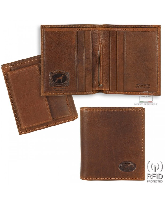 Portafoglio PELLE maschile con gancio fermasoldi clip anti-rFID ACCIAIO  Italy