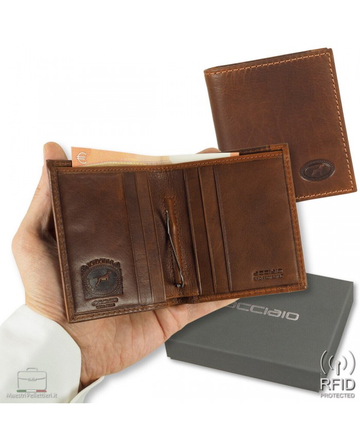 Portafoglio PELLE maschile con gancio fermasoldi clip anti-rFID ACCIAIO  Italy
