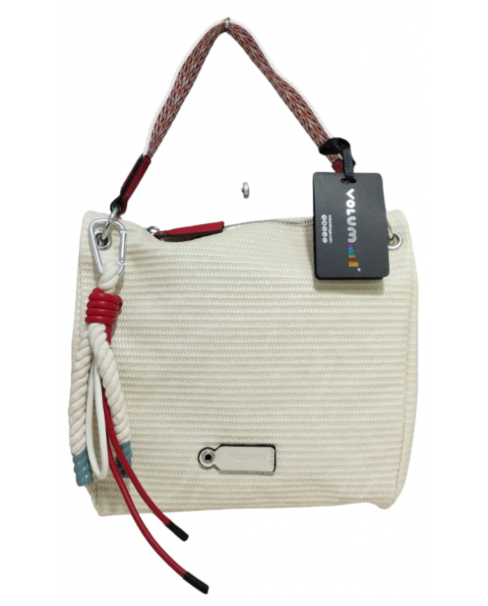 VOLUM Borsa Tracolla Donna Media PU Effetto Rafia Perline XL Bianca Modello VB25044