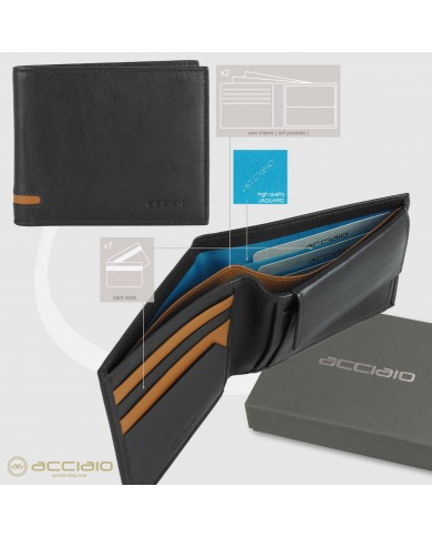 ACCIAIO Portafoglio Uomo Nero COMPATTO Protezione RFID Vera Pelle Pieno Fiore