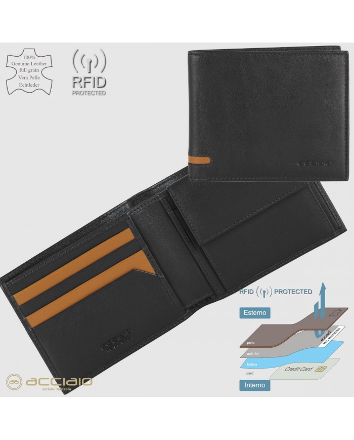 ACCIAIO Portafoglio Uomo Nero COMPATTO Protezione RFID Vera Pelle Pieno Fiore