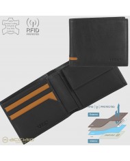 ACCIAIO Portafoglio Uomo Nero COMPATTO Protezione RFID Vera Pelle Pieno Fiore
