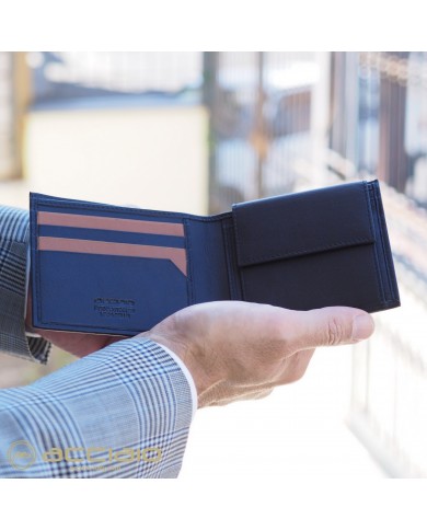 ACCIAIO Portafoglio Uomo Nero COMPATTO Protezione RFID Vera Pelle Pieno Fiore