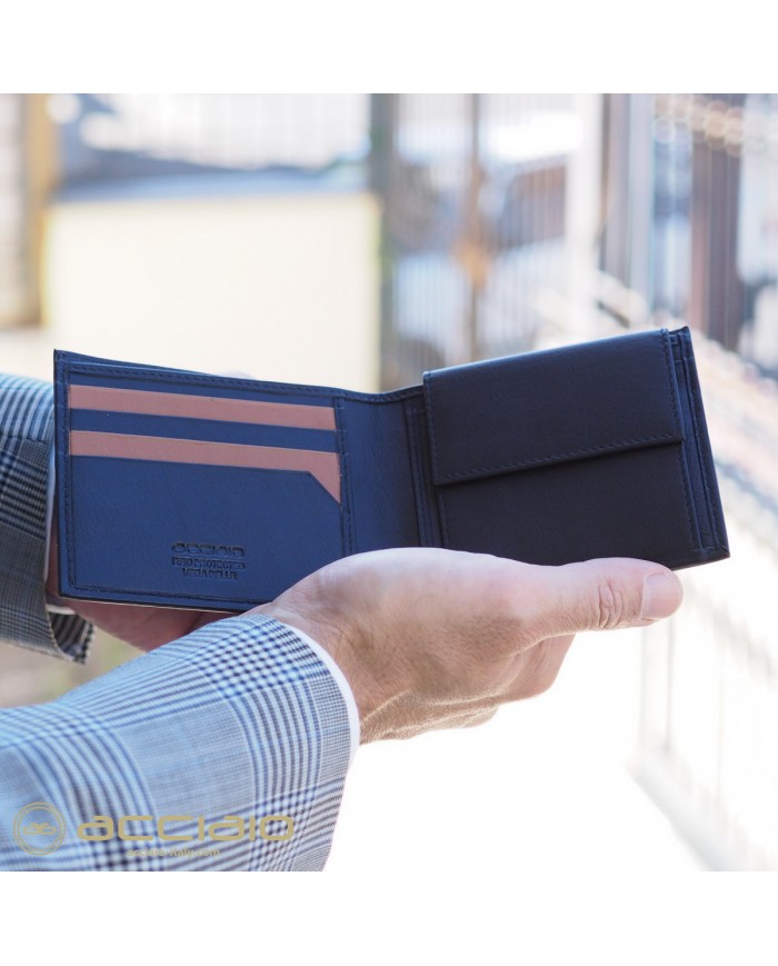 ACCIAIO Portafoglio Uomo Nero COMPATTO Protezione RFID Vera Pelle Pieno Fiore