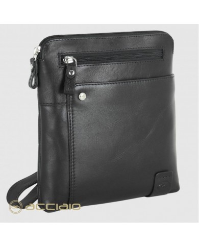 ACCIAIO Borsello Nero Pelle Vitello Pieno Fiore Dettagli Finiti a Mano