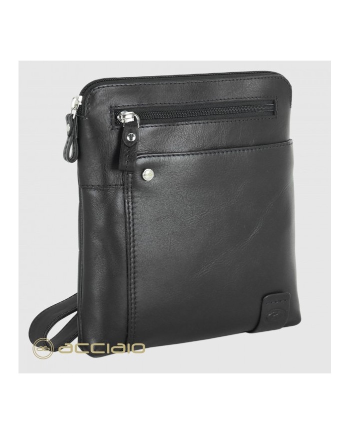 ACCIAIO Borsello Nero Pelle Vitello Pieno Fiore Dettagli Finiti a Mano