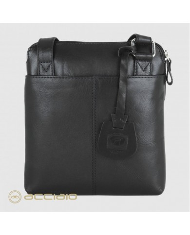 ACCIAIO Borsello Nero Pelle Vitello Pieno Fiore Dettagli Finiti a Mano