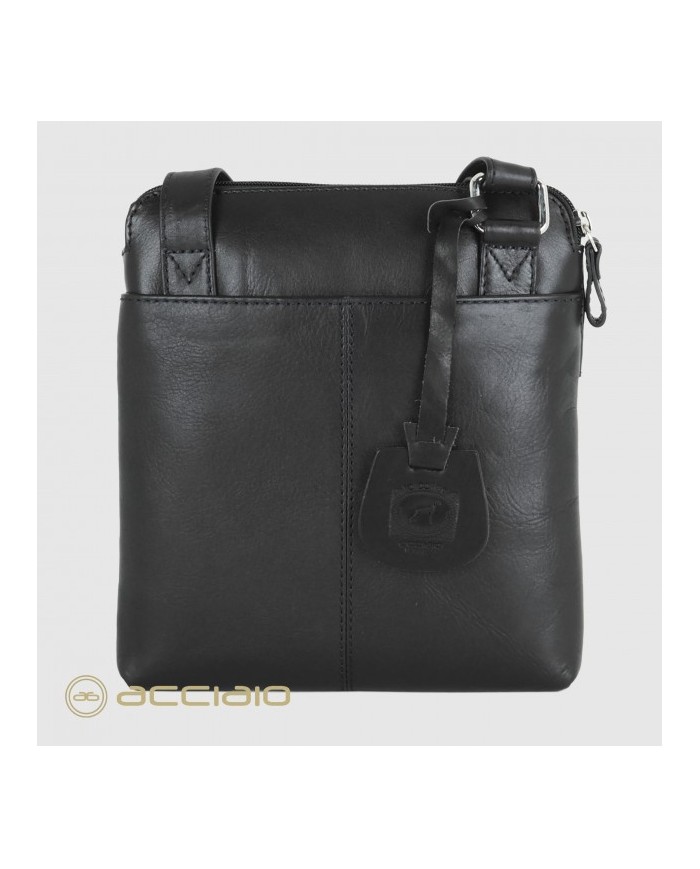 ACCIAIO Borsello Nero Pelle Vitello Pieno Fiore Dettagli Finiti a Mano