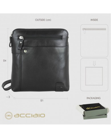 ACCIAIO Borsello Nero Pelle Vitello Pieno Fiore Dettagli Finiti a Mano