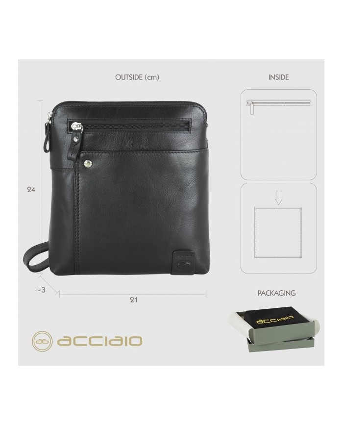 ACCIAIO Borsello Nero Pelle Vitello Pieno Fiore Dettagli Finiti a Mano