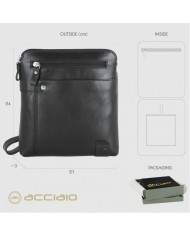 ACCIAIO Borsello Nero Pelle Vitello Pieno Fiore Dettagli Finiti a Mano