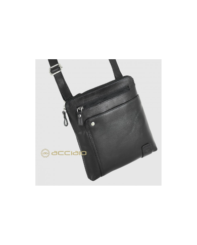 ACCIAIO Borsello Nero Pelle Vitello Pieno Fiore Dettagli Finiti a Mano