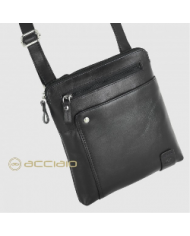 ACCIAIO Borsello Nero Pelle Vitello Pieno Fiore Dettagli Finiti a Mano