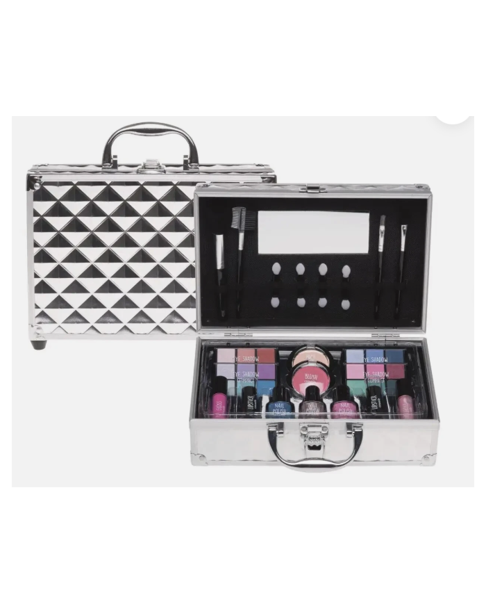 Casuelle Trousse Argento Quadrata con Specchio e Kit Makeup Completo