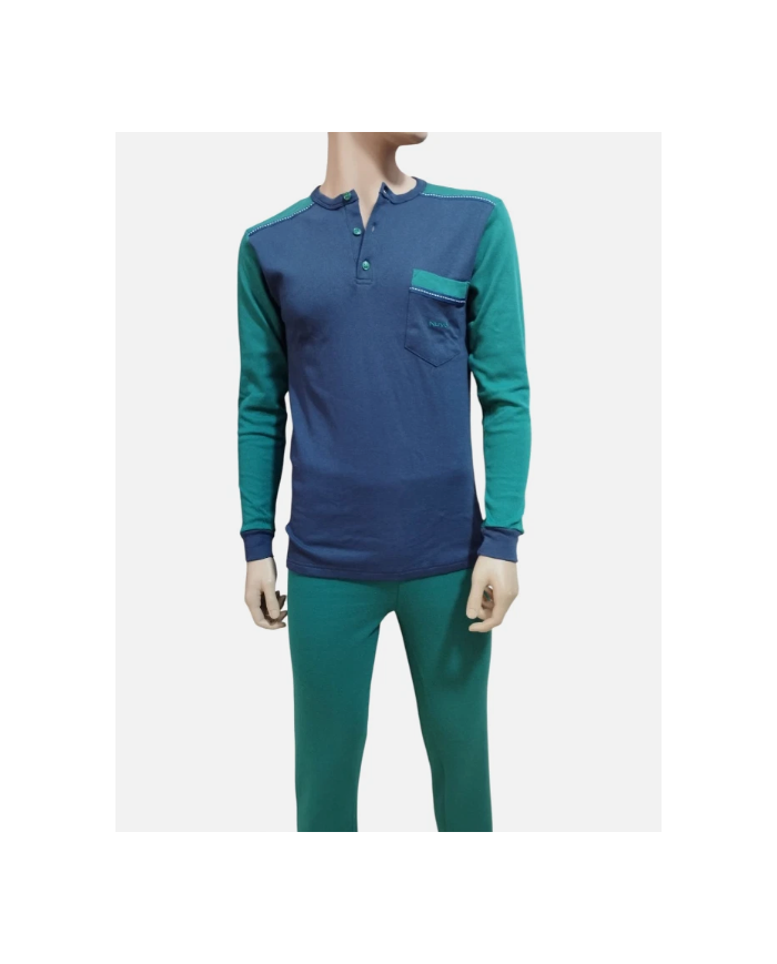 NUVÒ PIGIAMA UOMO BLU VERDE CON SCOLLO SERAFINO INVERNO CALDO  LEGGERO E COMODO TAG XXL