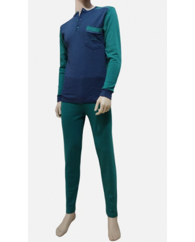 NUVÒ PIGIAMA UOMO BLU VERDE CON SCOLLO SERAFINO INVERNO CALDO  LEGGERO E COMODO TAG XXL
