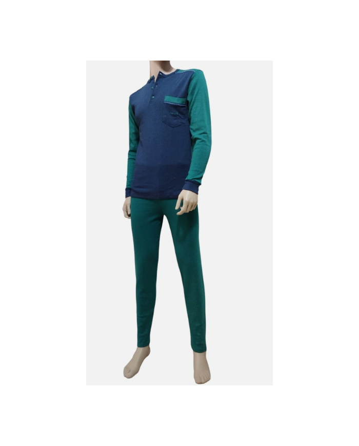 NUVÒ PIGIAMA UOMO BLU VERDE CON SCOLLO SERAFINO INVERNO CALDO  LEGGERO E COMODO TAG XXL