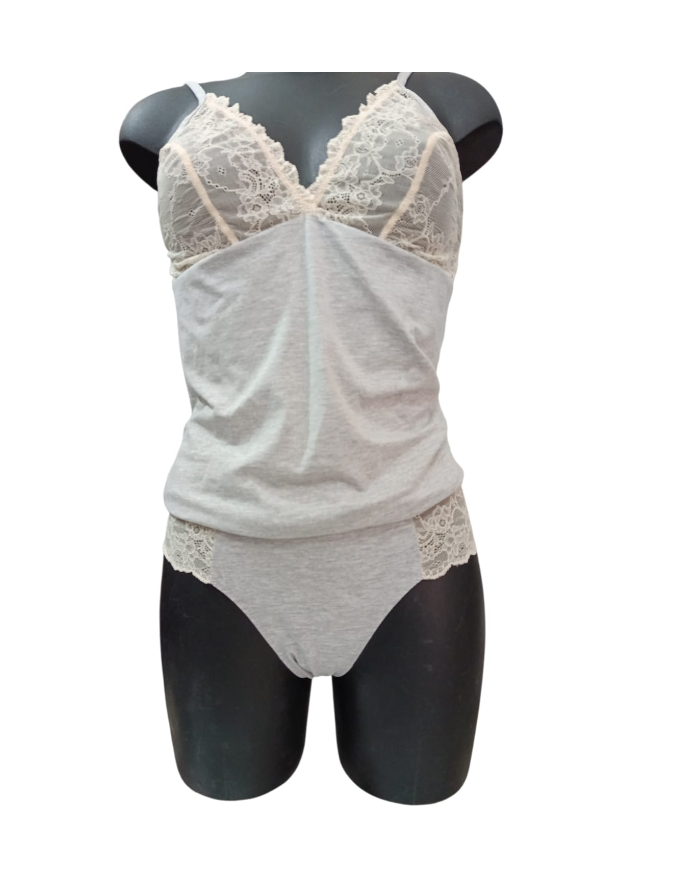 MAGIC DREAM - COORDINATO INTIMO DONNA - CANOTTA E SLIP IN COTONE E PIZZO - GRIGIO