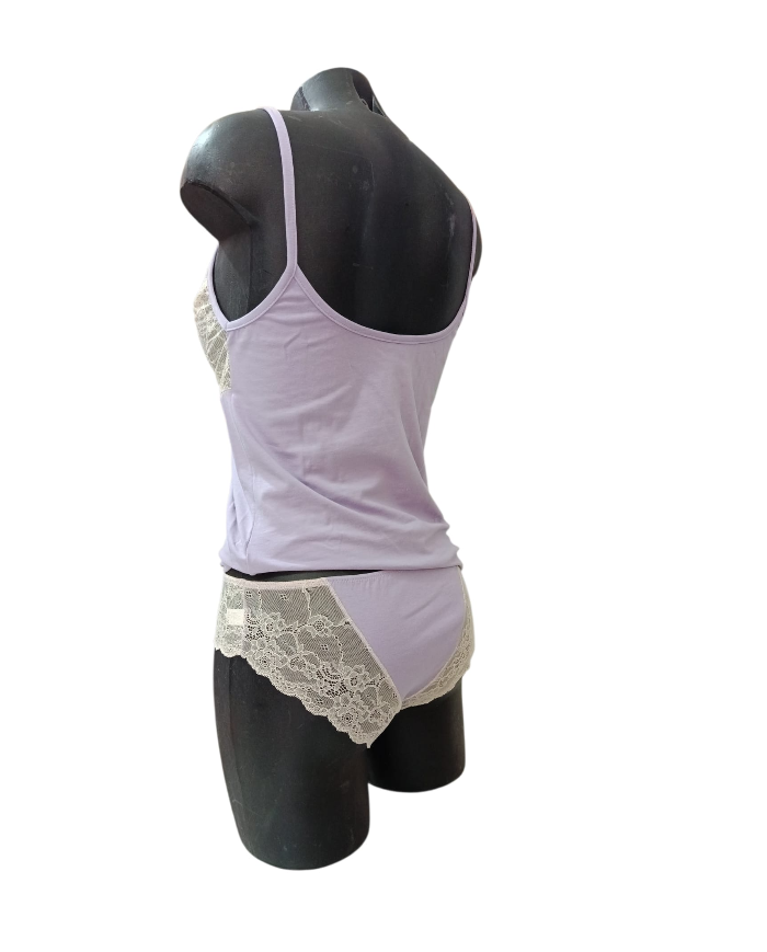 MAGIC DREAM - COORDINATO INTIMO DONNA - CANOTTA E SLIP IN COTONE E PIZZO - LAVANDA - TAGLIA L