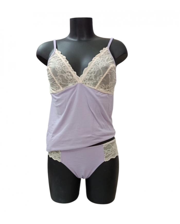MAGIC DREAM - COORDINATO INTIMO DONNA - CANOTTA E SLIP IN COTONE E PIZZO - LAVANDA - TAGLIA L