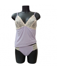 MAGIC DREAM - COORDINATO INTIMO DONNA - CANOTTA E SLIP IN COTONE E PIZZO - LAVANDA - TAGLIA L