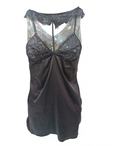 PURA - BABY DOLL E PERIZOMA IN RASO - ART. P0456P - NERO CON COLLETTO IN PIZZO - TAGLIA 2
