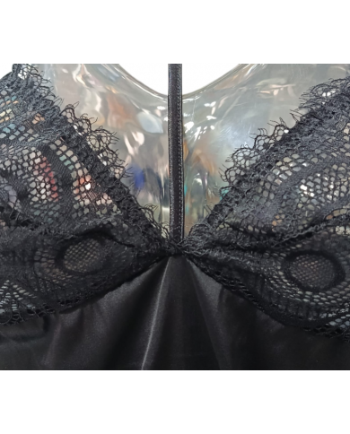 PURA - BABY DOLL E PERIZOMA IN RASO - ART. P0456P - NERO CON COLLETTO IN PIZZO - TAGLIA 2