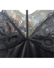 PURA - BABY DOLL E PERIZOMA IN RASO - ART. P0456P - NERO CON COLLETTO IN PIZZO - TAGLIA 2