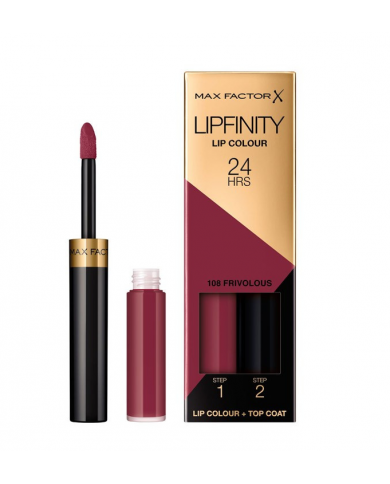 MAX FACTOR LIPFINITY 108 FRIVOLOUS ROSSETTO 24H 2 PEZZI LIPSTICK + TOP COAT 2ML