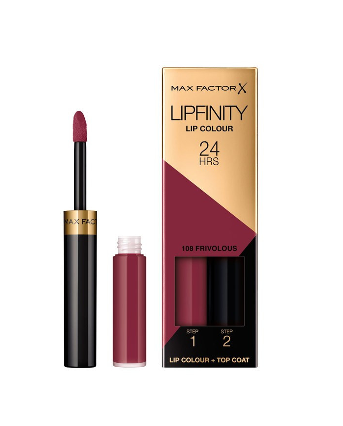 MAX FACTOR LIPFINITY 108 FRIVOLOUS ROSSETTO 24H 2 PEZZI LIPSTICK + TOP COAT 2ML